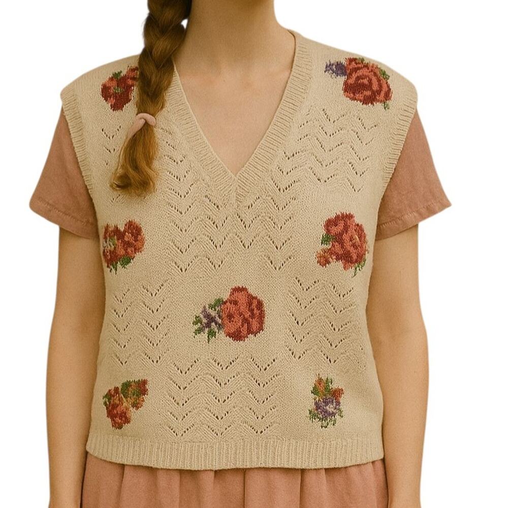 VTG Cream Knit Sweater Vest‎ Womens SZ L Cotton Linen Floral Embroidered 80s